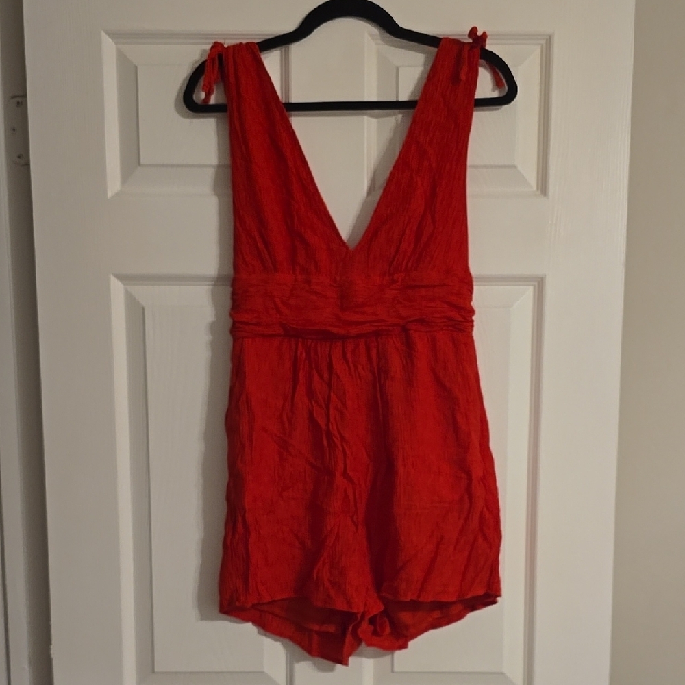 One Clothing Red Romper with Plunging Neckline and Flattering Fit